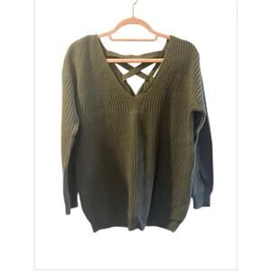 Olive Green V-Neck Sweater w/ Criss Cross Back - XS